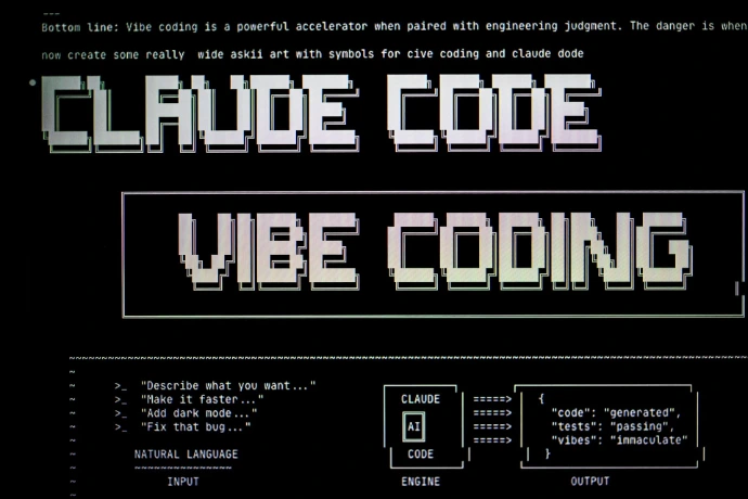 Digital art with text "claude code" and "vibe coding"